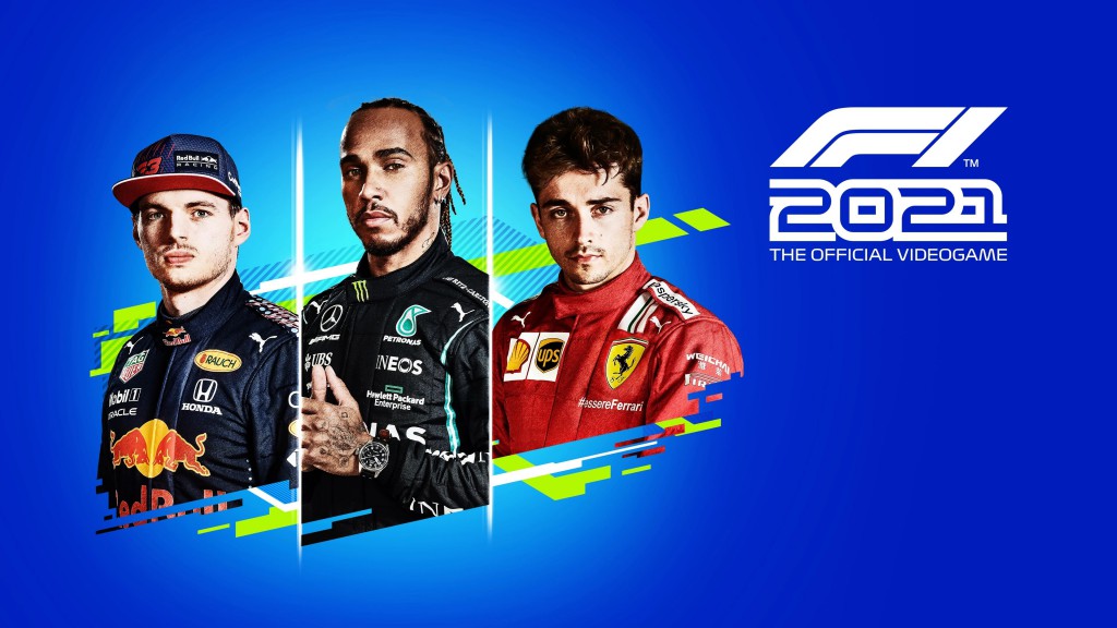 Zdjęcie promocyjne gry Codemasters i EA, przedstawia Maxa Verstappena, Lewisa Hamiltona, Charlesa Leclerca ubranych w swoje granatowy, czarny i czerwony kombinezon zespołów RedBull Mercedes i Ferrari. Wycięci są na niebieskim tle, a po boku widneje logo F1 2021